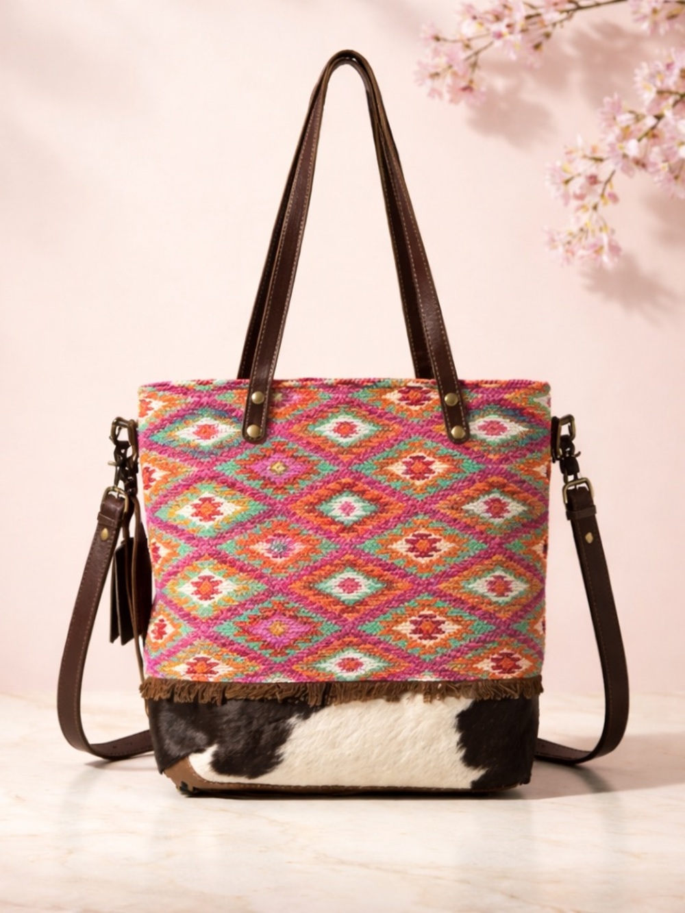Myra Bag Western Aztec Cowhide with Canvas Leather Large Tote Pink Crossbody